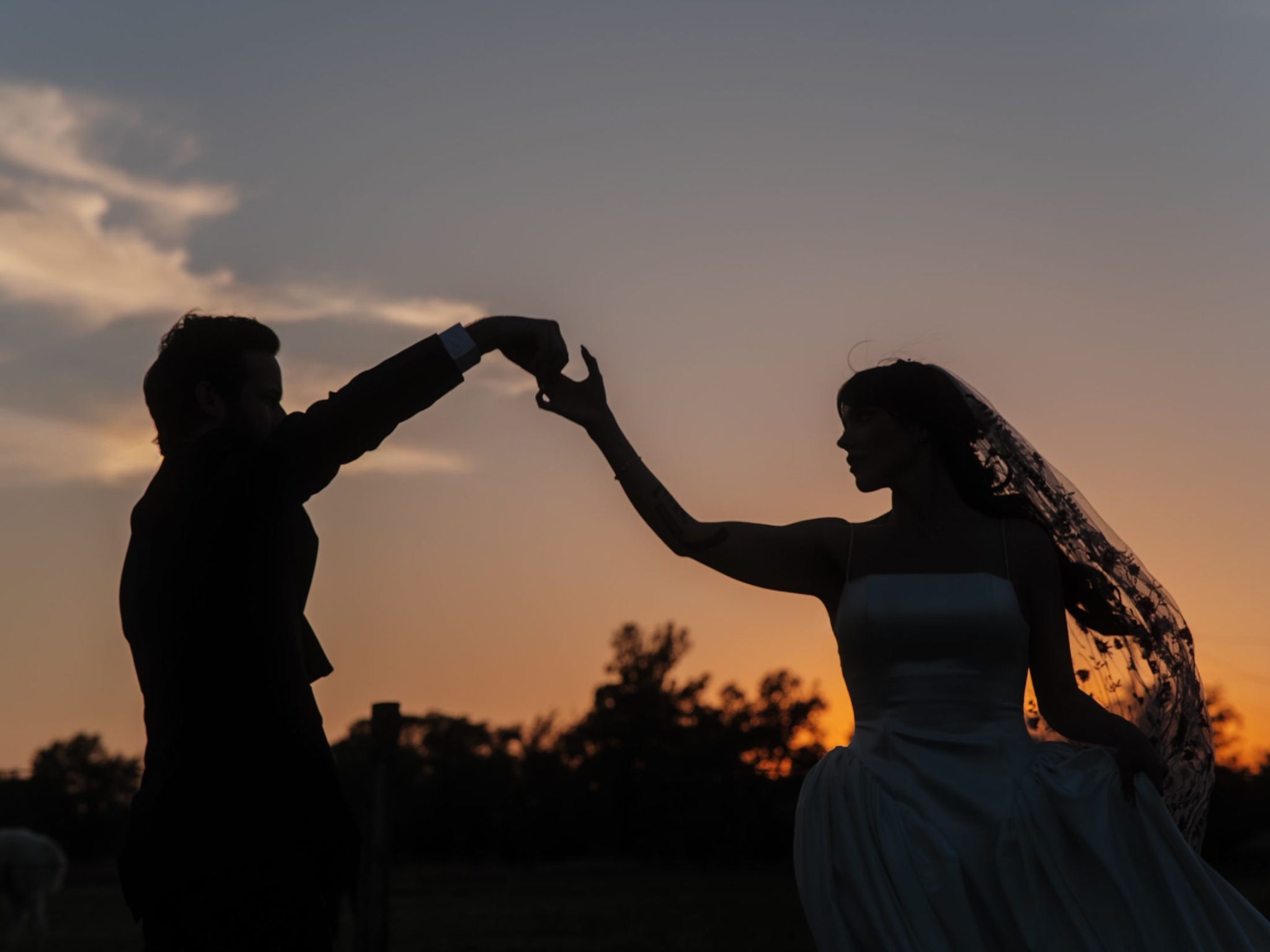Wedding couple holding hands at sunset